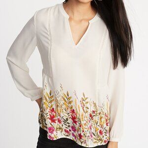 New Old Navy Ivory Floral Print Georgette A-Line Swing V Neck Blouse P6361